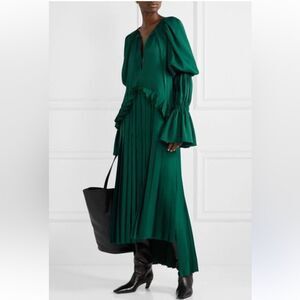 KHAITE Cara Pleated Stepped-Hem Satin Dress in Green